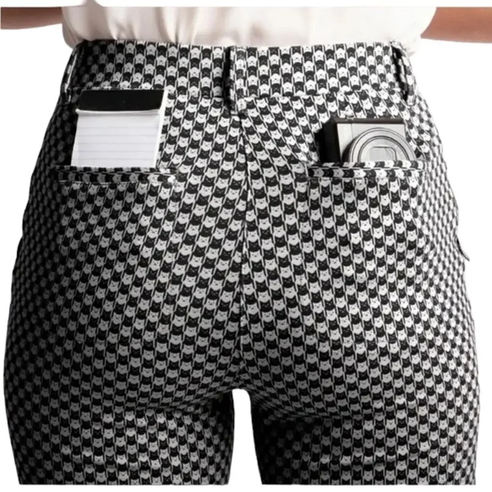 Betabrand Catstooth Chino Herringbone Pants High Waist Cat Print  Size Small